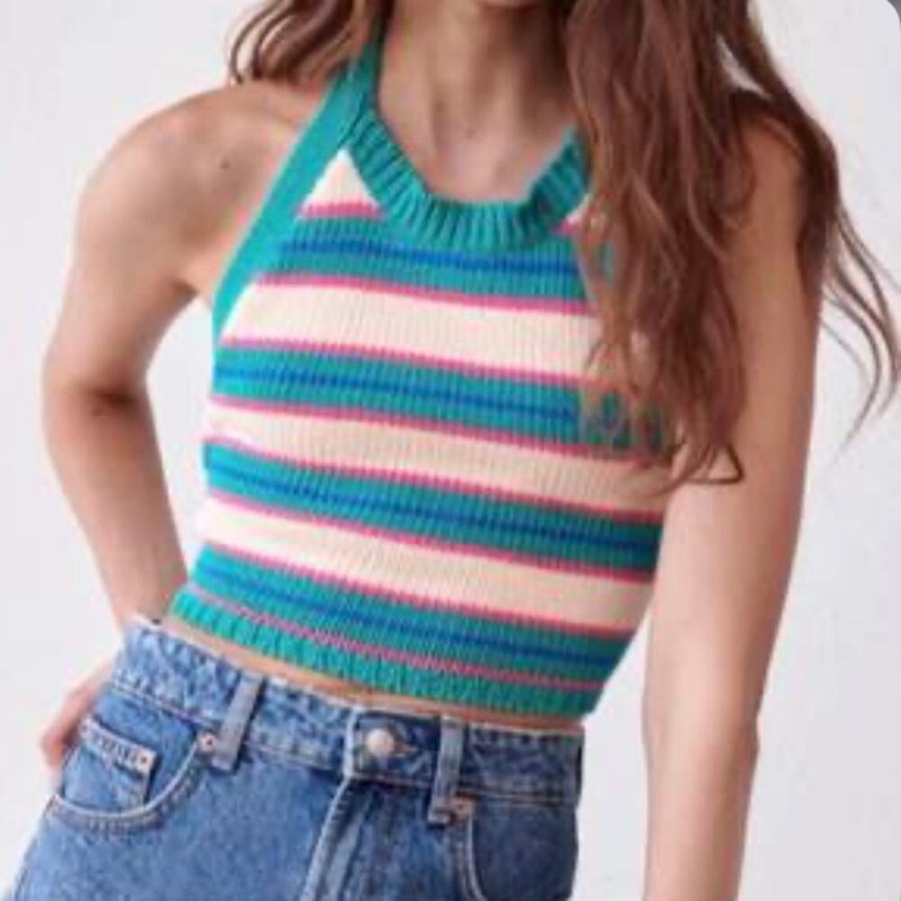 Zara Striped Pink/Teal/White Knit Open Back Halter Crop Top